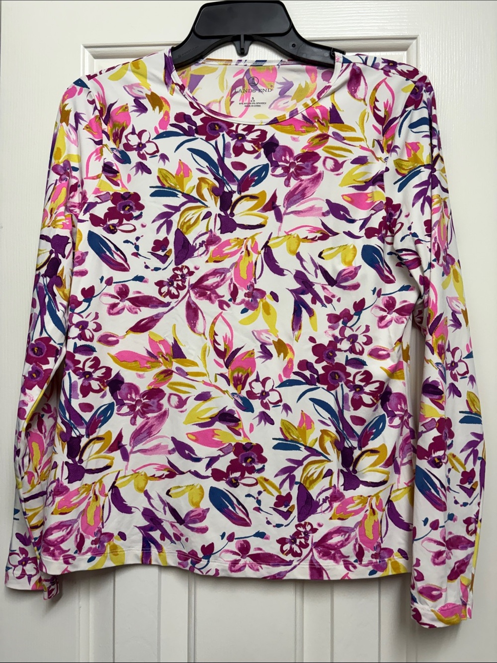 Lands End Floral Long-Sleeve Swim shirt - White with Magenta & Yellow Print